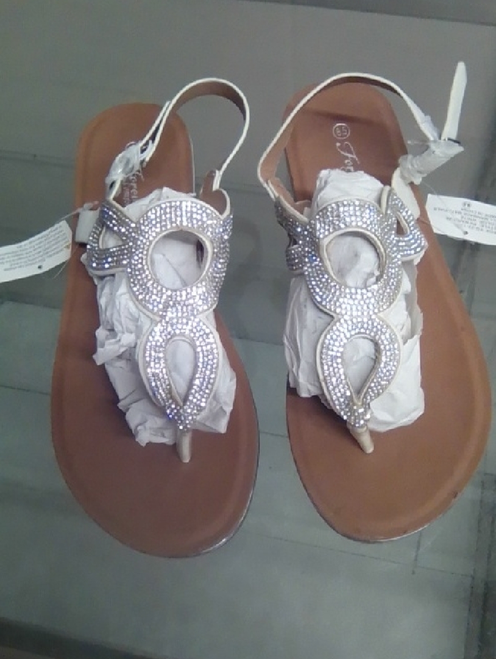 Crystal-Embellished White T-Strap Sandals for Women